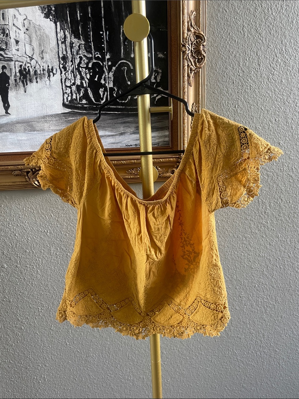 Full Tilt Mustard Yellow Lace-Trim Peasant Top